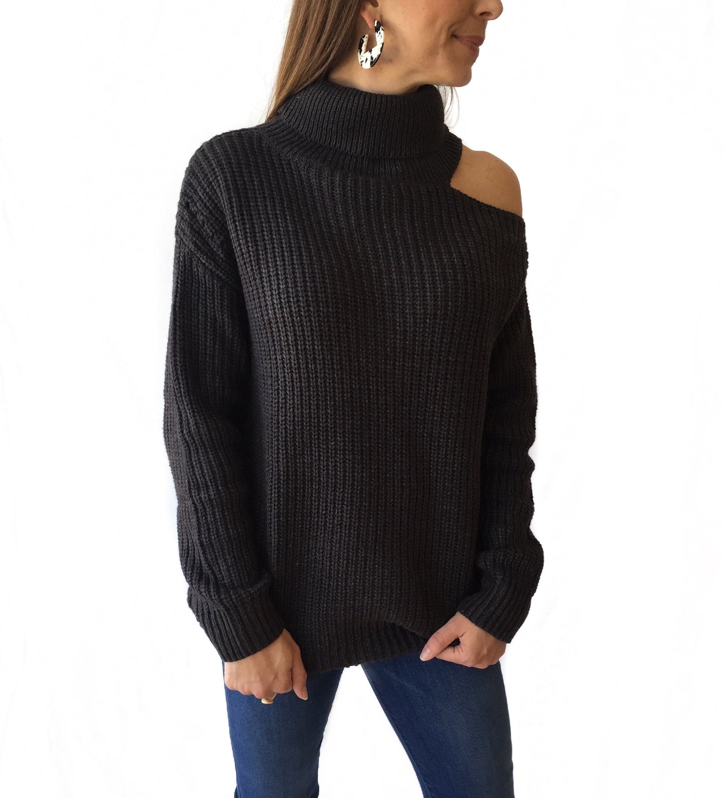 Charcoal Sweater w/ Shldr Cutout