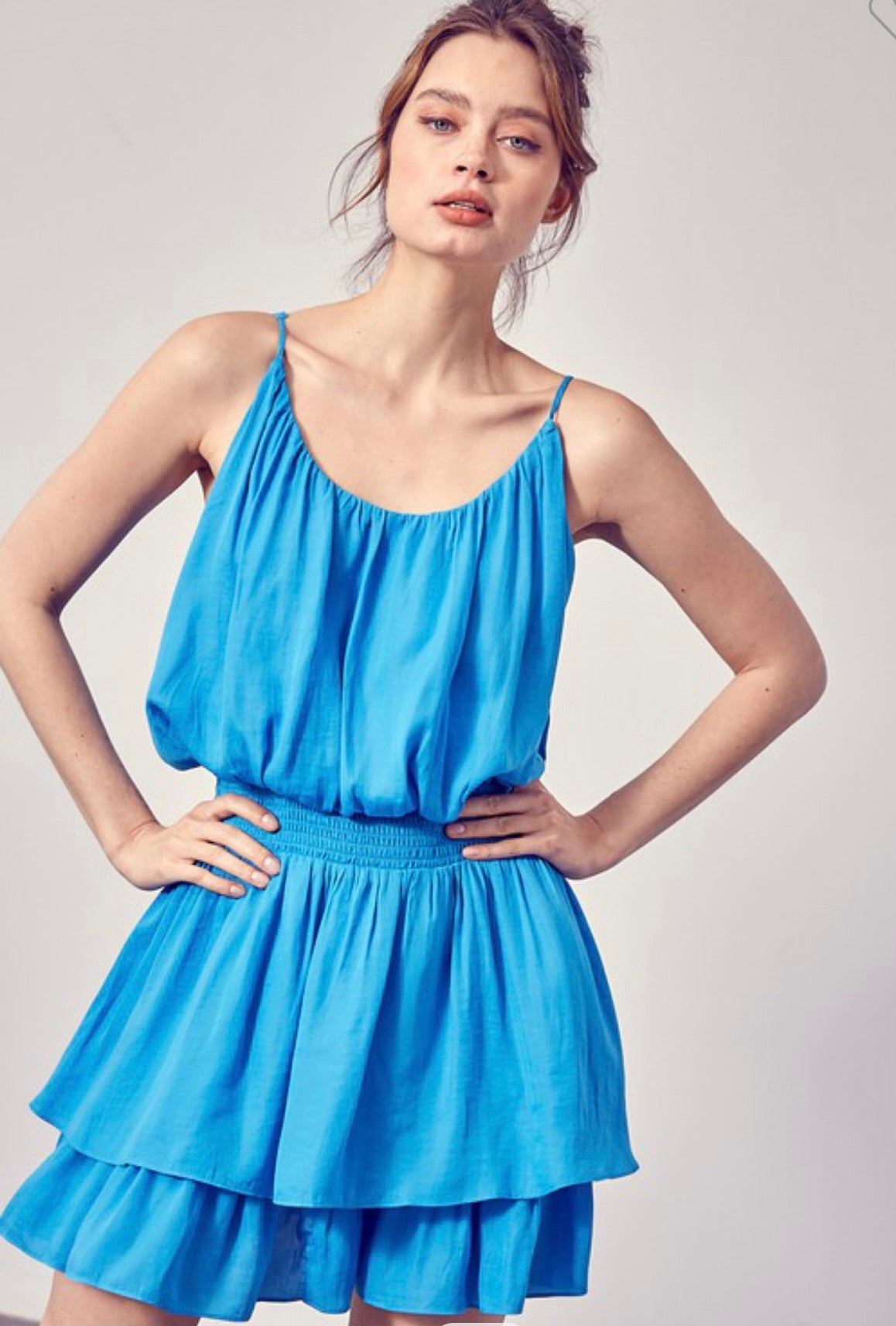 Aqua Blue Smocked Waist Strappy Dress