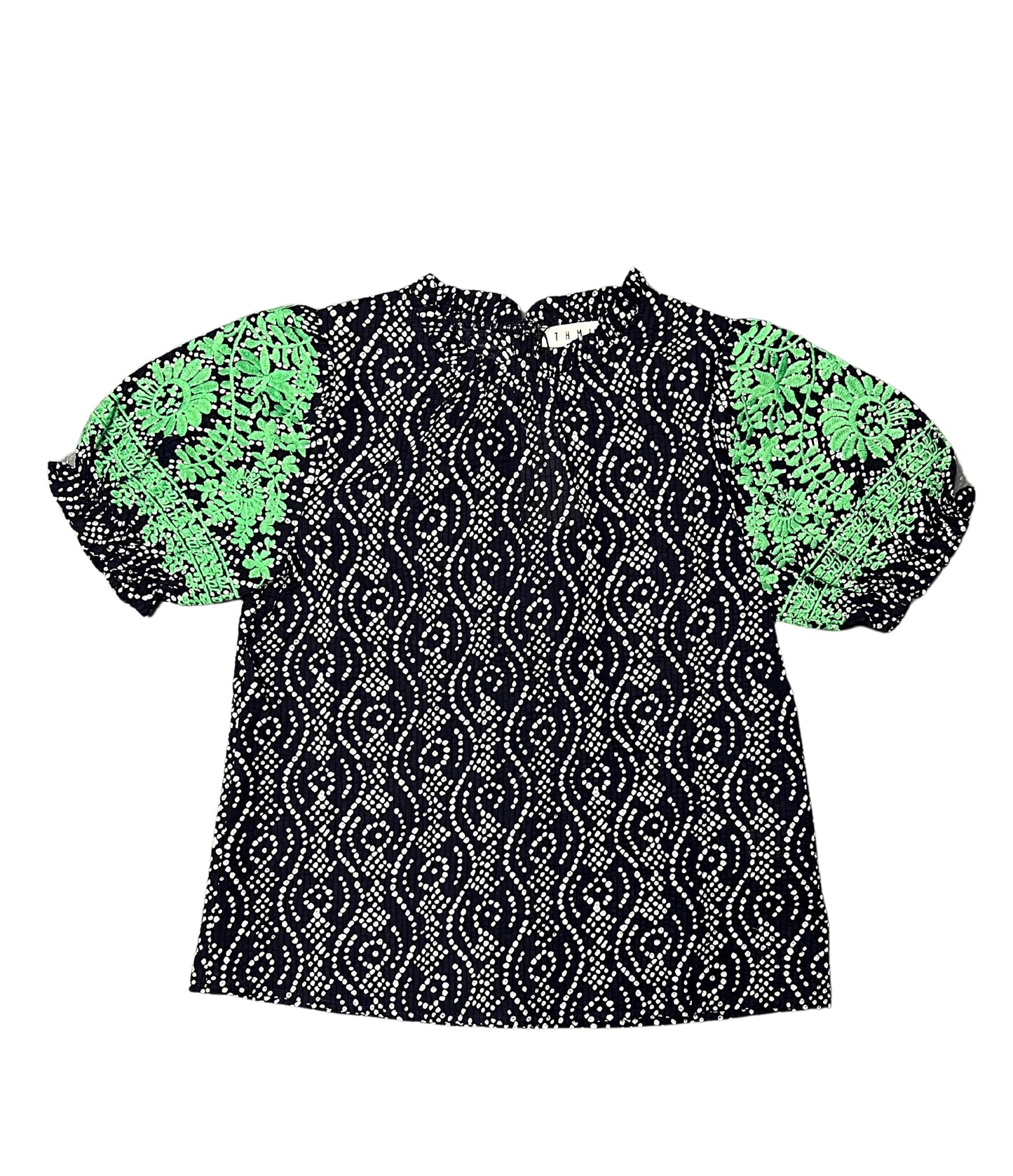 Navy/Green Embroidered Slv Top