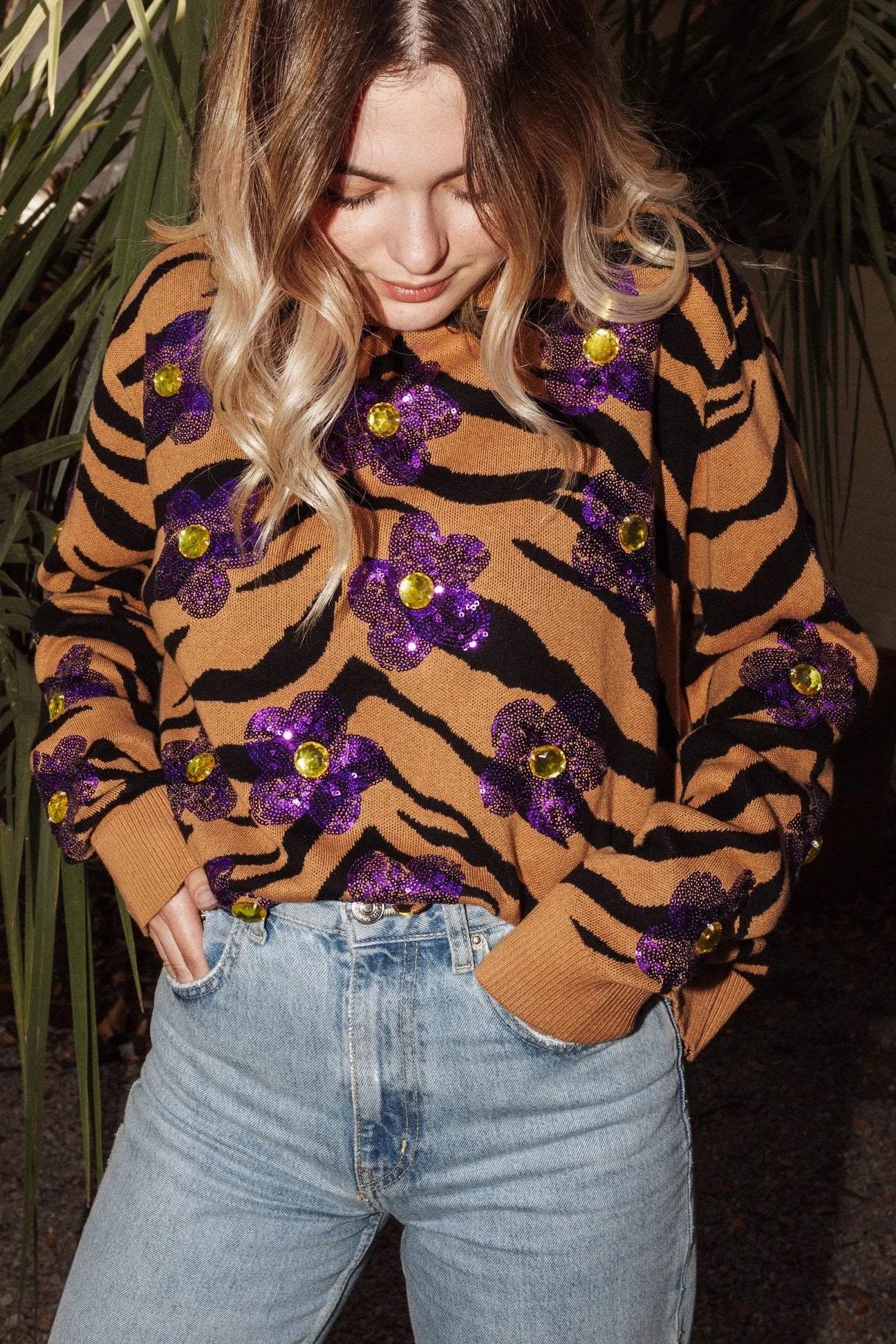 Tiger Sequin Flower Sweater