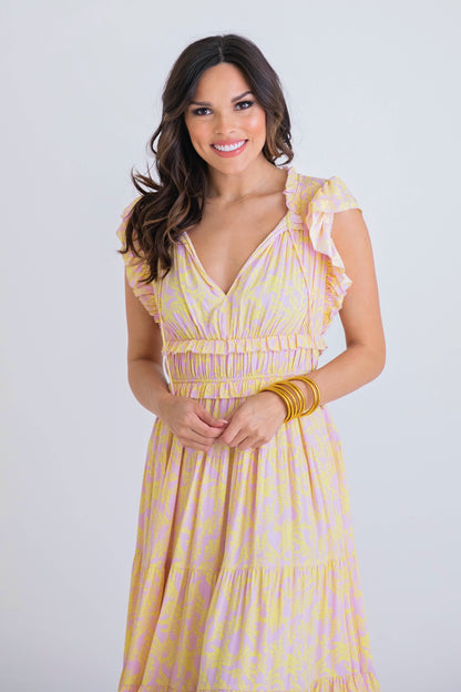 Floral Smock Shldr Tier Midi Dress