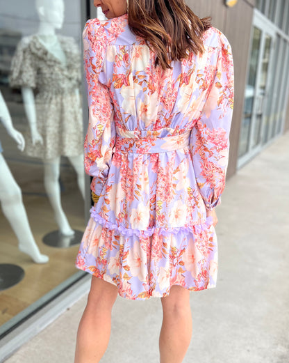 Lavender/Cream L/S Belted Dress