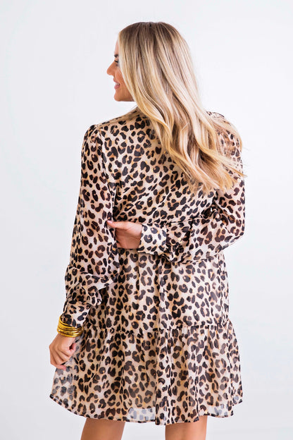 Leopard Chiffon Vneck Ruffle Tier Dress
