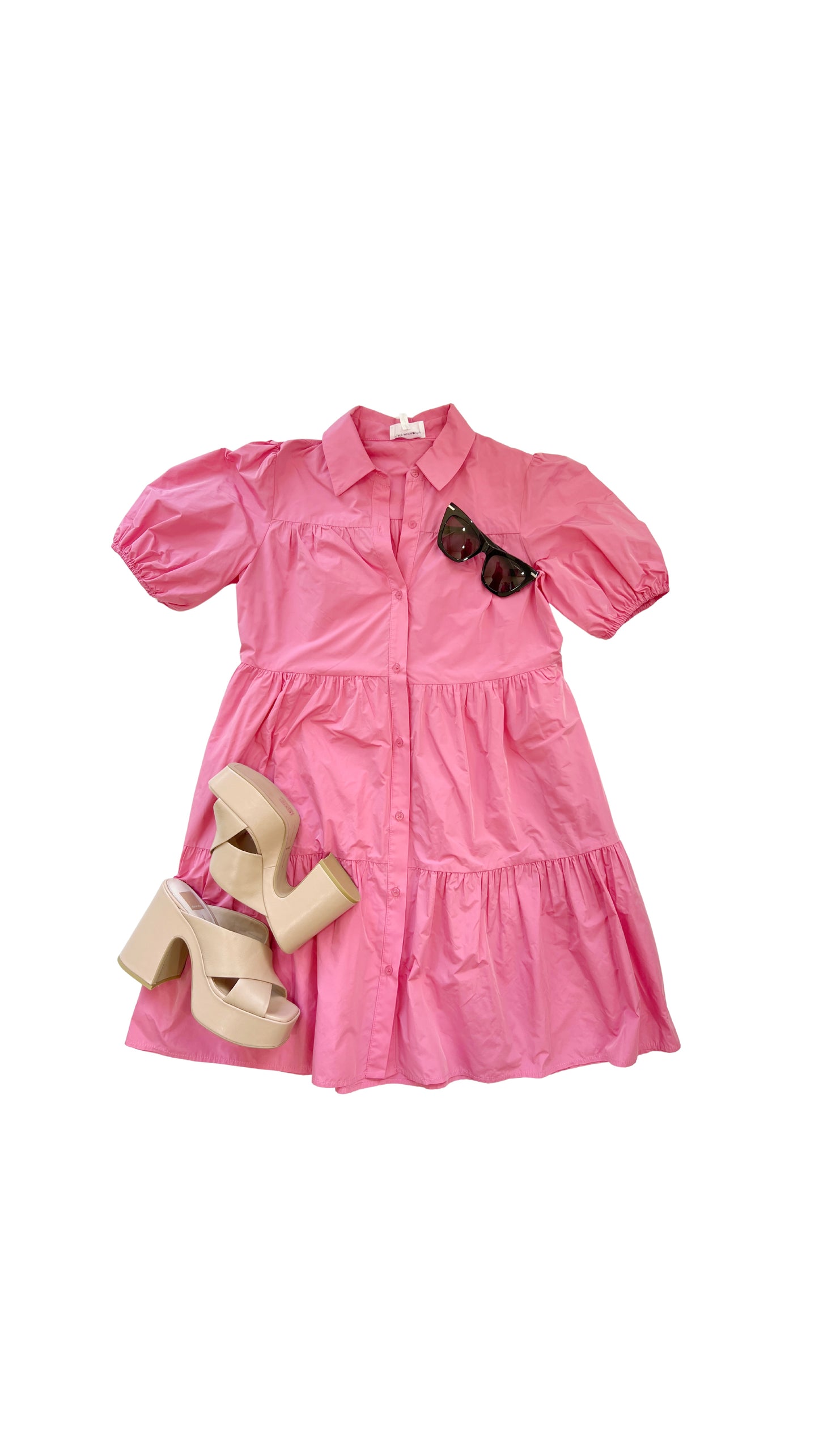 Rose Pink Puff Slv Collar Tiered Dress