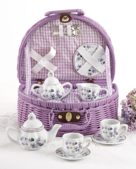 Basket w/ Violet Porcelain Tea Set