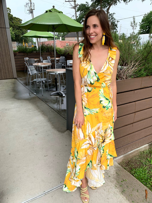 Yellow Floral Asymmetrical Wrap Dress