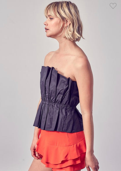 Black Strapless Pleated Top