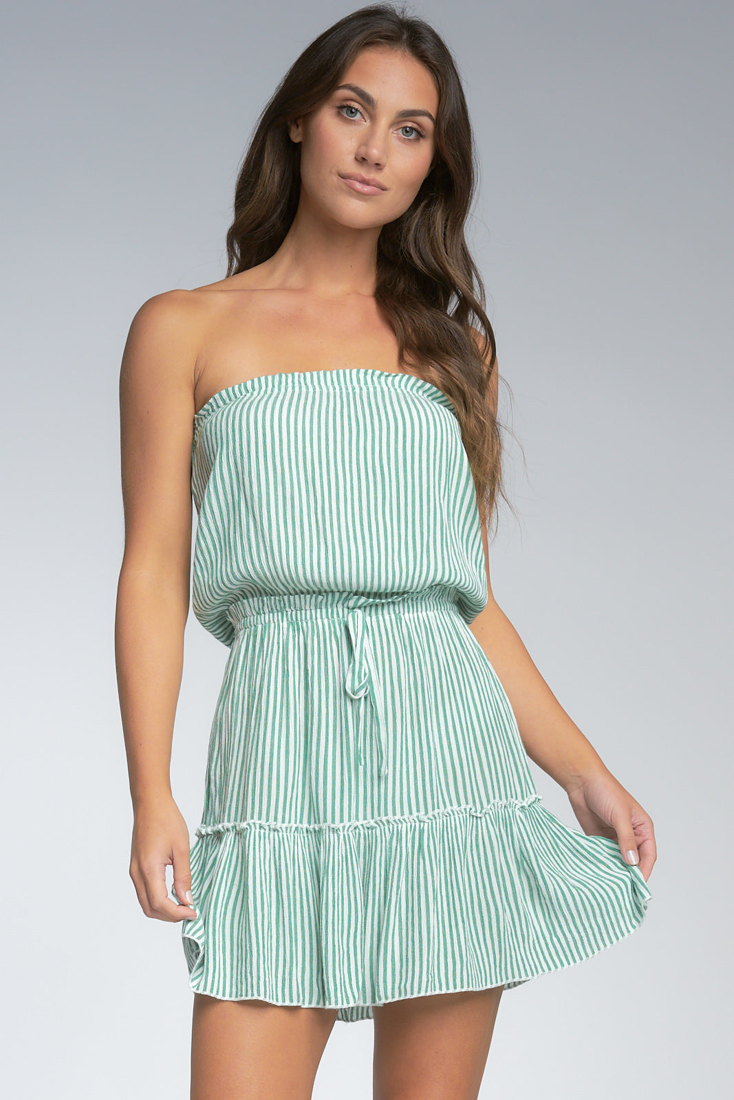 Green Striped Strapless Dress