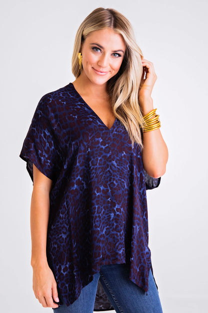 Navy Leopard Vneck Signature Top
