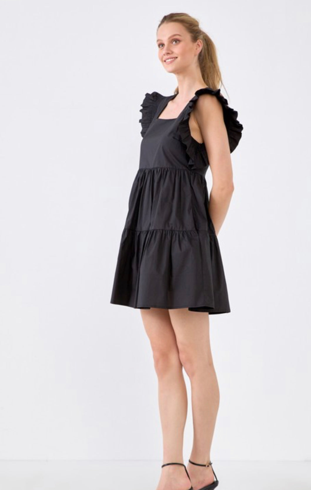 Black Ruffled Smocking Detail Dress