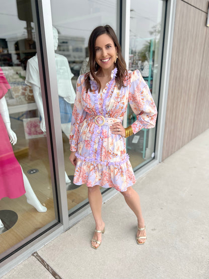 Lavender/Cream L/S Belted Dress