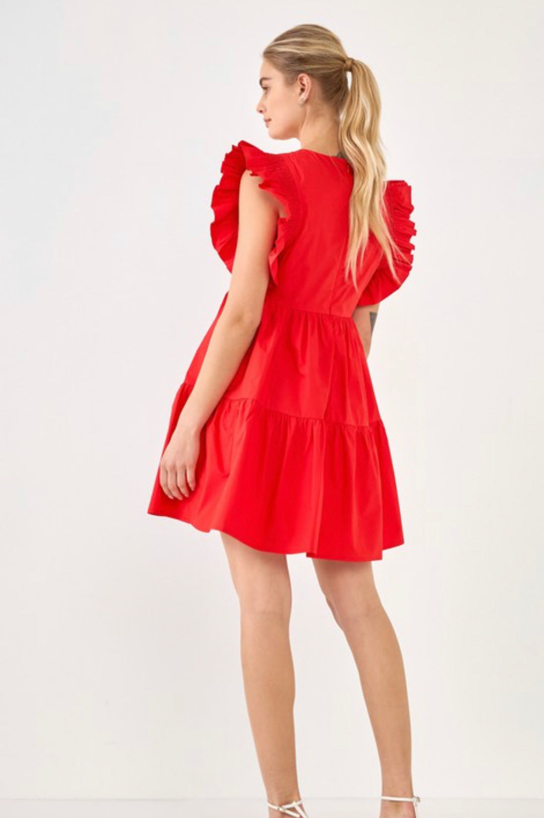 Red Ruffled Smocking Detail Dress
