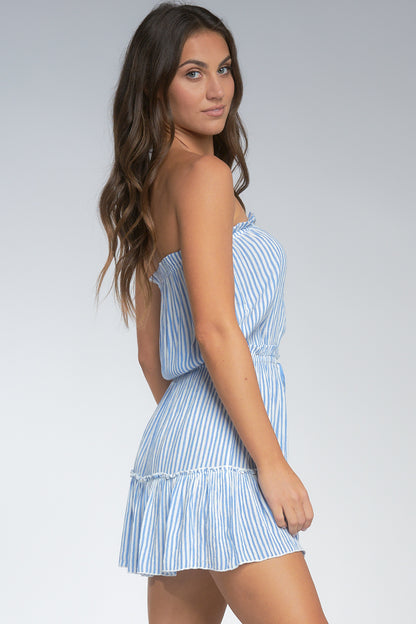 Blue Striped Strapless Dress
