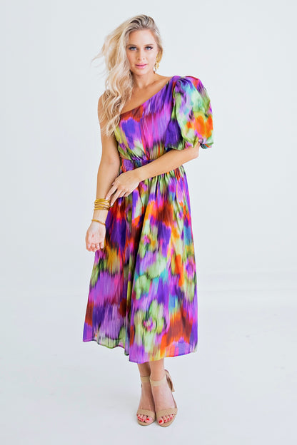 Mixed Abstract Floral Cut Out Midi Dress