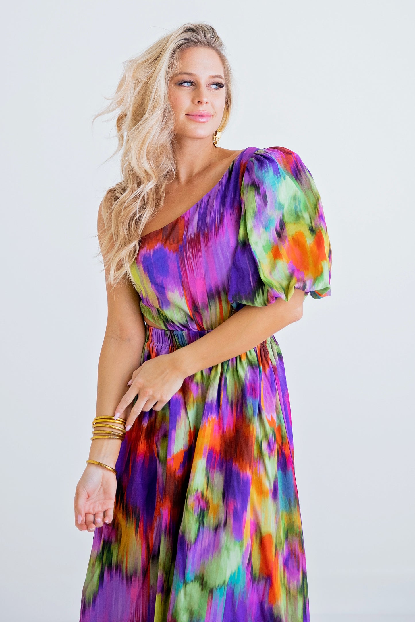 Mixed Abstract Floral Cut Out Midi Dress
