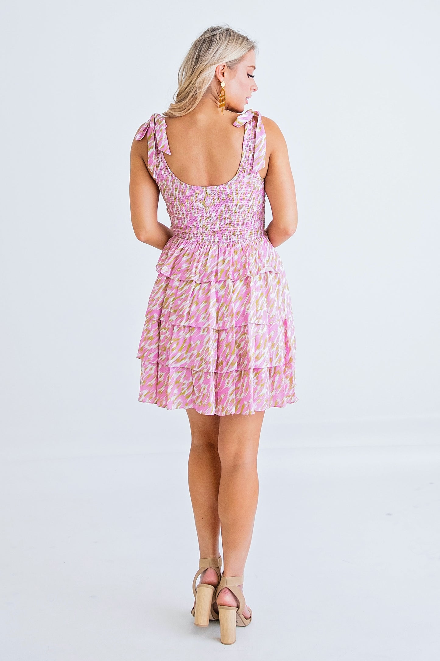Lime/Pink Abstract Tie Shldr Smocked Mini Dress
