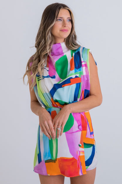 Colorful Abstract Satin Button Romper