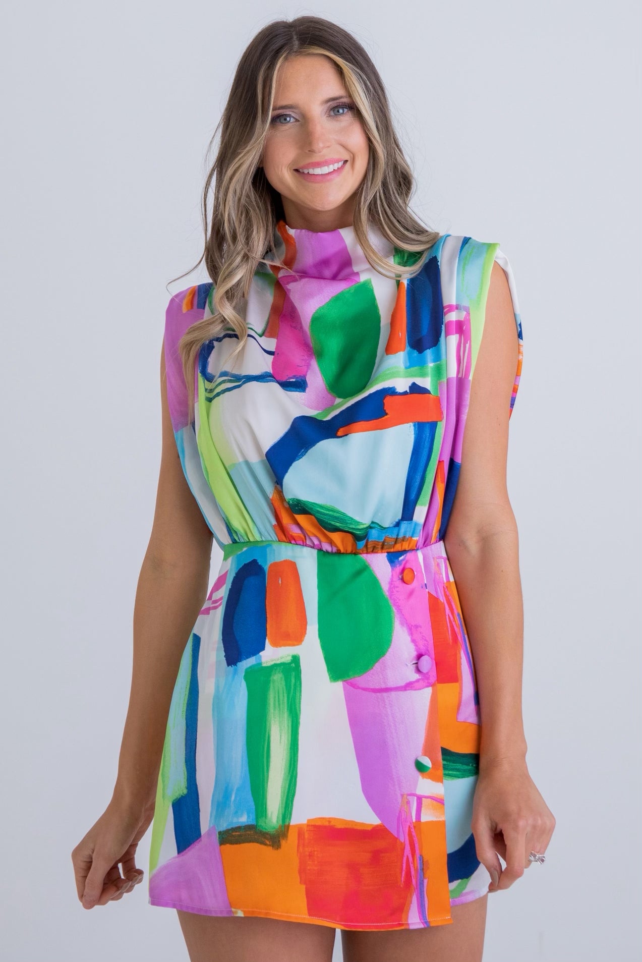 Colorful Abstract Satin Button Romper