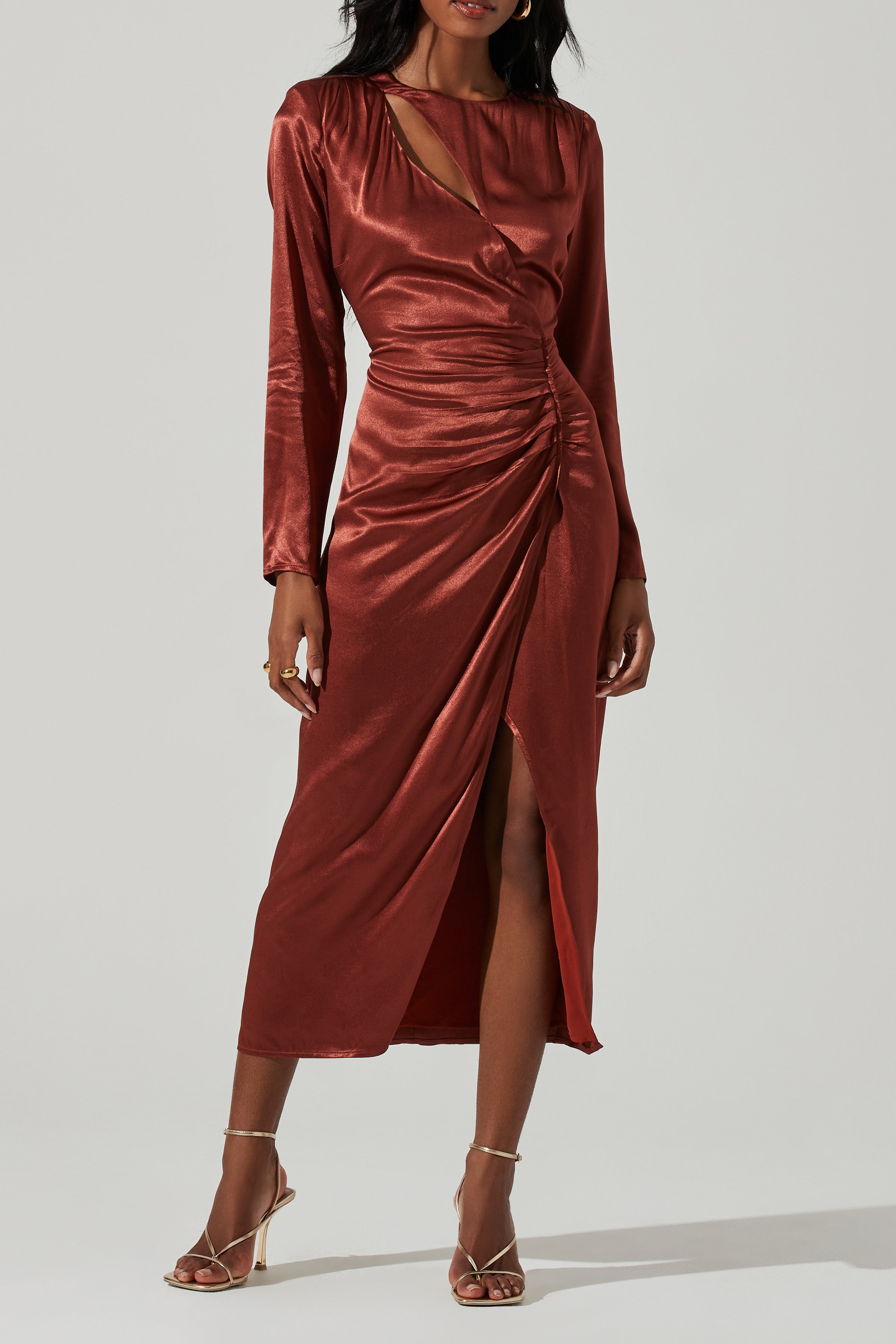 Rust Mariposa Satin Ruched Midi Dress – Lucy Rose