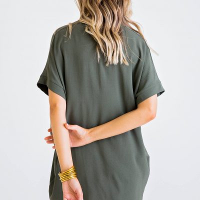 Army Green Solid Vneck Dress