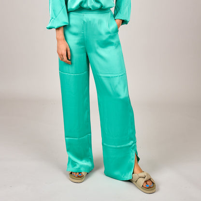 Pool Green Victoria Satin Slit Bottom Pant