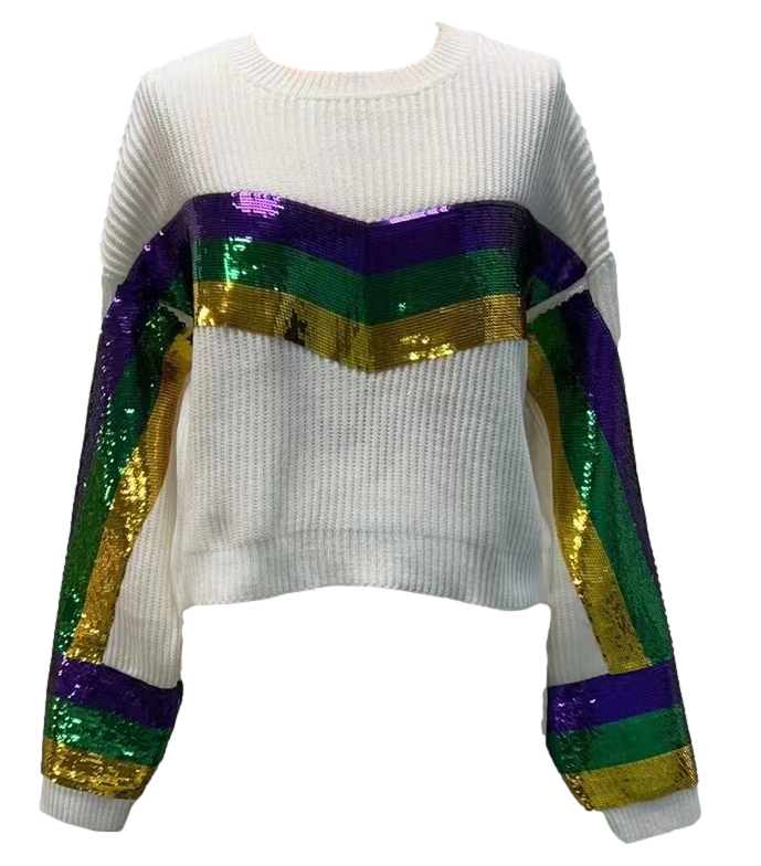 White Mardi Gras Sequin Stripe Sweater