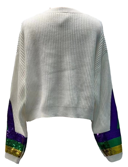 White Mardi Gras Sequin Stripe Sweater